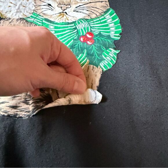 Vintage 90s Festive Cat Christmas Sweatshirt Crewneck funny Santa Hat - XL - Picture 8 of 8